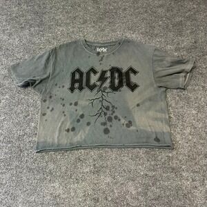 AC/DC T-Shirt Womens Size M Grey Crop Top Cotton Graphic Band Tee Raw Hem Splat